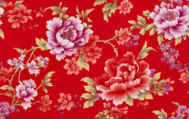 Floral fabric. Red Chinese flower pattern. 