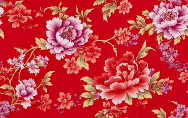 Fototapeten Floral fabric. Red Chinese flower pattern.  © Harry
