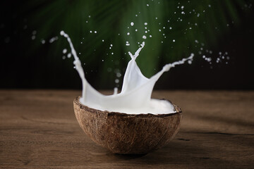 Half of coconut with coconut milk splashing. Tropical summer healthy coconut cocktail.
