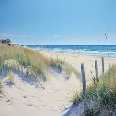 Tranquil Seascape with Sand Dunes and Beach Fence