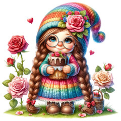 Happy Valentine Day With Cute Gnomes Banner Design, Set Of Cute Gnomes Cartoon Illustration
