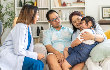 Obraz premium Portrait of smiling caring asian doctor service help support discussing and consulting taking care with small girl patient, child health, kid sick, medicine, medical checkup. children healthcare
