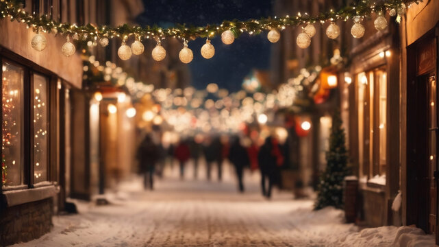 Winter Street At Night With Christmas Decorations