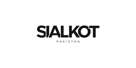 Sialkot in the Pakistan emblem. The design features a geometric style, vector illustration with bold typography in a modern font. The graphic slogan lettering.