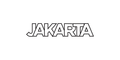 Jakarta in the Indonesia emblem. The design features a geometric style, vector illustration with bold typography in a modern font. The graphic slogan lettering.