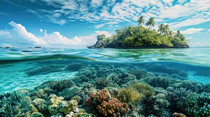 Naklejka na ściany i meble Tropical Island And Coral Reef - Split View With Waterline. Beautiful underwater view of lone small island above and below the water surface in turquoise waters of tropical ocean. 