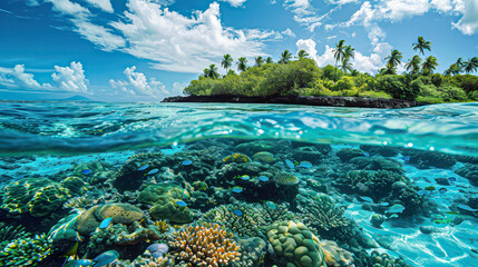 Fototapeta na wymiar Tropical Island And Coral Reef - Split View With Waterline. Beautiful underwater view of lone small island above and below the water surface in turquoise waters of tropical ocean. 