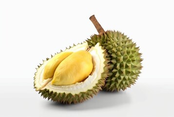 Obraz premium durian fruit cut in half and leaves isolated on white background. generative ai