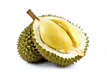 Naklejka premium durian fruit cut in half and leaves isolated on white background. generative ai