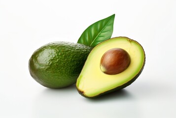 avocado with cut in half and leaves isolated on white background. generative ai