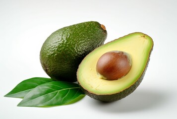 avocado with cut in half and leaves isolated on white background. generative ai