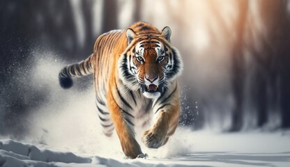 Tiger in wild winter nature. Amur tiger running in the snow. Action wildlife scene with danger animal