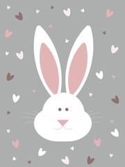 Cute Rabbit with hearts. . White hare. Vector illustration. Easter bunny. Flat design. Can be used for covers, home textiles, print on children's clothing, pajamas, T-shirts, holiday greetings.