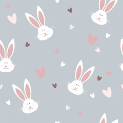 Seamless pattern with cartoon rabbits and hearts on a gray background. Cute hares in pastel colors. Suitable for baby wallpaper, textile, wrapping paper, fabric , baby clothes print, home textiles.