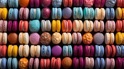 A dazzling display of colorful macarons arranged in an artistic pattern.