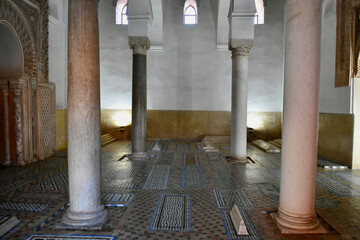 Vintage Moroccan Burial Chamber with Columns and Mosaic Tile Flooring