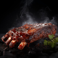 Smokey Elegance: BBQ ribs, a culinary masterpiece born from slow-cooked perfection. Each succulent bite unveils a tender embrace of smoky flavors, complemented by a caramelized glaze. The meat, delica