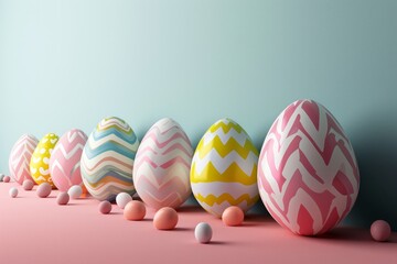 Fototapeta premium Еaster eggs of different sizes of goose, duck, chicken, quail on a pink and blue background. Easter and spring celebration concept. Postcard on a spring theme. Еmpty space for text. 