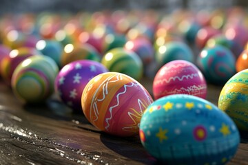 Many beautiful colorful Easter eggs on a wooden tabletop.  Easter and spring celebration concept. Postcard on a spring theme.  Еmpty space for text.
