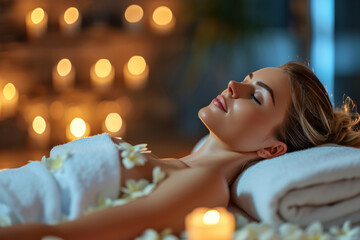 Obraz na płótnie Canvas Young European woman in a spa salon against a background of candles and jasmine flowers. The concept of healing, relaxation, rejuvenation and restoration of the body. Еmpty space for text.