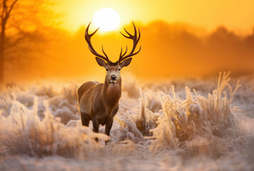 Naklejka na ściany i meble Portrait of a Red deer stag at sunrise in winter