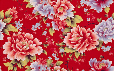 Floral fabric. Red Chinese flower pattern. 