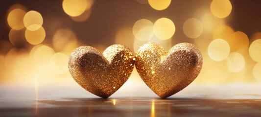 Fototapeta premium Two gold hearts on table with bokeh lights and glitter