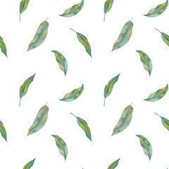 Seamless watercolor pattern with green leaves. Summer background with branches and leaves. Watercolor floral illustration on a white background