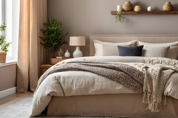 Modern house interior details. Simple cozy coloful beige bedroom interior with bed headboard