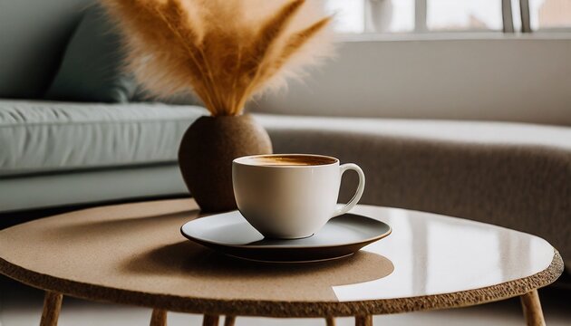 stylish and modern photo of a coffee cup on a coffee table inspired by minimalist design