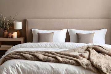 Fototapeta na wymiar Modern house interior details. Simple cozy coloful beige bedroom interior with bed headboard