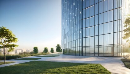 3d render of morning view to perspective glass building