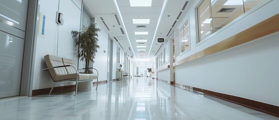 Interior of a modern hospital corridor. Long corridor with white walls.