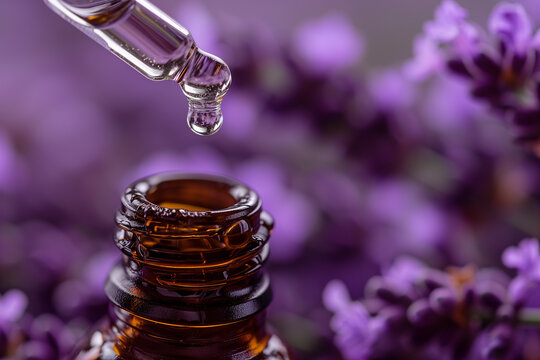 Drop of essential oil falling from a dropper into a glass bottle, with fresh lavender flowers in the background