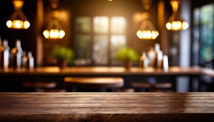 a visually appealing banner with a dark wood tabletop bar in the background, blurred to perfection. The design should evoke a cozy yet refined atmosphere, making it ideal for promoting bar-related eve - obrazy, fototapety, plakaty