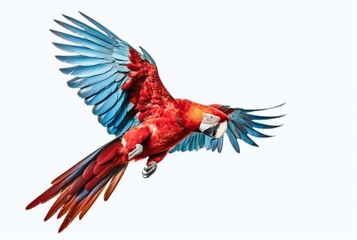 Fototapeta premium Flying red macaw isolated on white background. generative ai