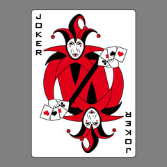 Carte à jouer du joker, symbolisé par un double bouffon tenant à la main 4 cartes d’as : cœur, trèfle, carreau et pique - taille standard du poker. - obrazy, fototapety, plakaty