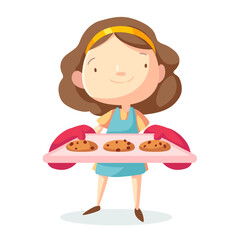 Vector cute housewife holding a tray of cookies