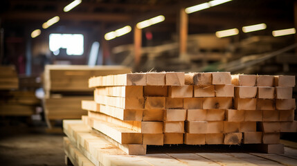 Timber in the warehouse of a sawmill, DIY store or joinery