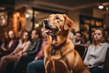 A golden dog sits proudly among an audience, exuding confidence and warmth - obrazy, fototapety, plakaty