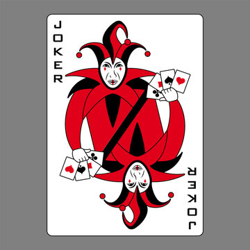 Carte &agrave; jouer du joker, symbolis&eacute; par un double bouffon tenant &agrave; la main 4 cartes d&rsquo;as : c&oelig;ur, tr&egrave;fle, carreau et pique - taille standard du poker.