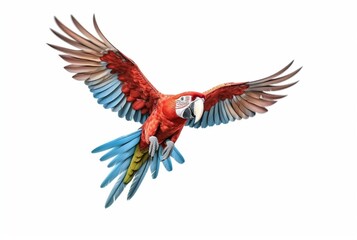 Flying red macaw isolated on white background. generative ai