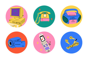 Retro electronics. Computer, flip phone and record player. Tamagochi, headphones and video, camera. Y2k cute stylish attributes. 1990s 2000s style Cartoon isolated vector nostalgia illustration