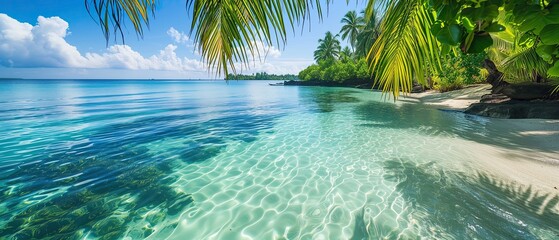 Ultra-wide banner, calm lagoon with crystal clear water, overhanging palm fronds, peaceful and soothing vibe