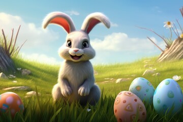 A Charming Bunny Amongst Easter Eggs and Blooms - Generative AI