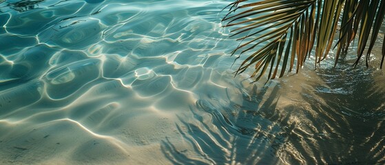 Fototapeta na wymiar clear water reflecting the sky, silhouette of palm leaves. Ocean or blue sea, white sand beach