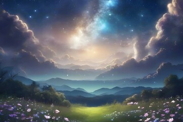 Fototapeta na wymiar dark night sky with stars over a serene forest landscape. dramatic scene with the Milky Way cosmic glow. Generative ai