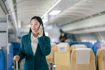 Airplane, travel and portrait of woman with journey and backpack.