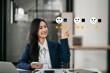 businesswoman presenting or pointed inquiry with checkboxes, smiling face rating excellent for...