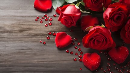 Red Roses and Petals with Water Droplets on Wooden Background With Copy Space